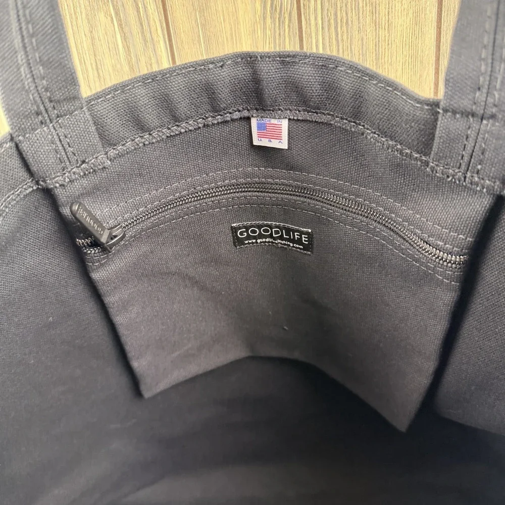 GOODLIFE Large Black Canvas Tote Bag Made in USA Logo Shoulder Shopper Pocket